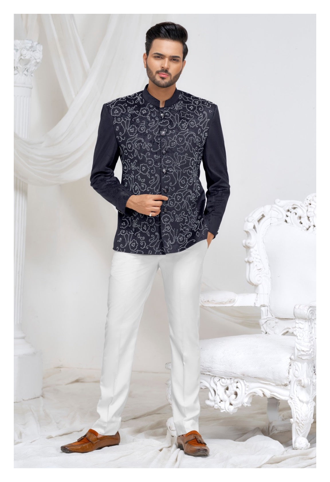 Navy Blue Embroidered Silk Bandhgala – Regal Modern Elegance