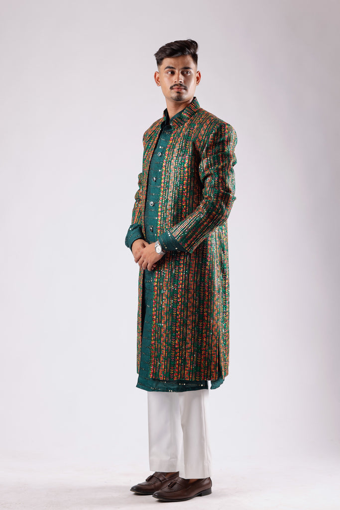 Emerald Green Festive Sherwani Set with Multicolor Embroidered Jacket