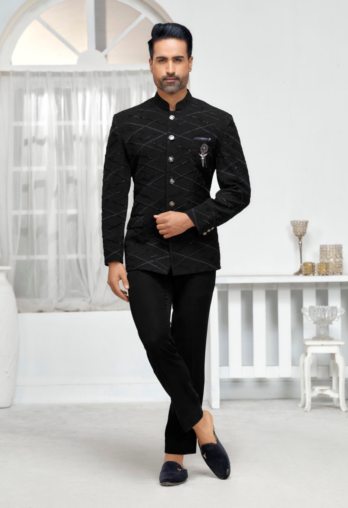 Black Velvet Bandhgala with Embellished Brooch – Contemporary Royalty