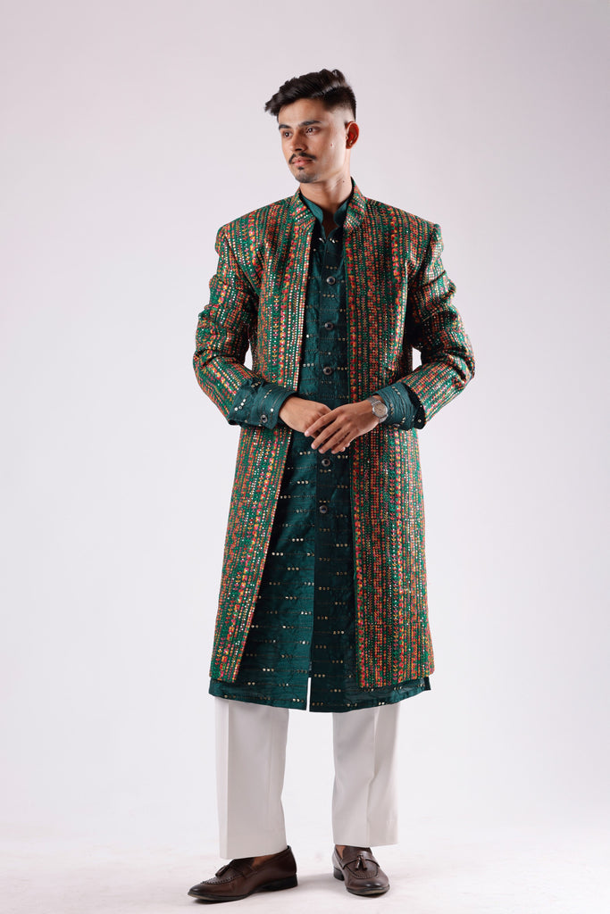 Emerald Green Festive Sherwani Set with Multicolor Embroidered Jacket