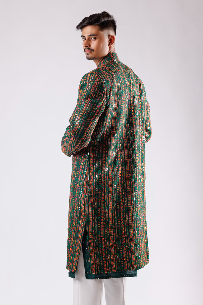 Emerald Green Festive Sherwani Set with Multicolor Embroidered Jacket