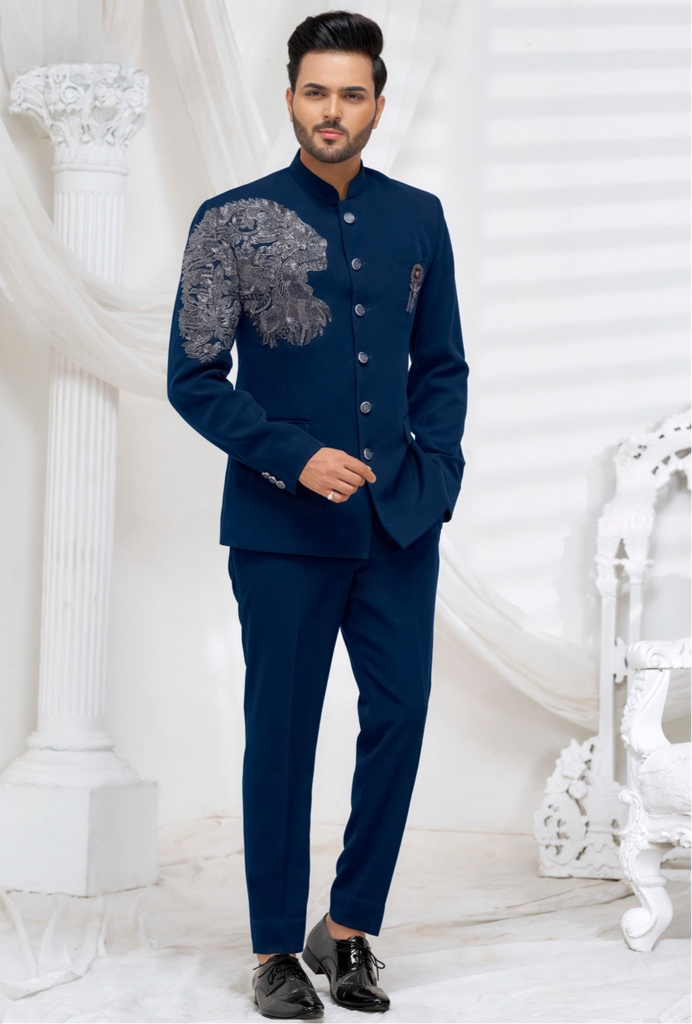 Regal Navy Embroidered Indo-Western Suit for Men
