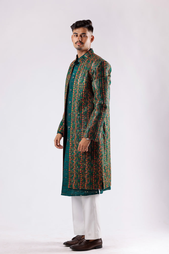 Emerald Green Festive Sherwani Set with Multicolor Embroidered Jacket