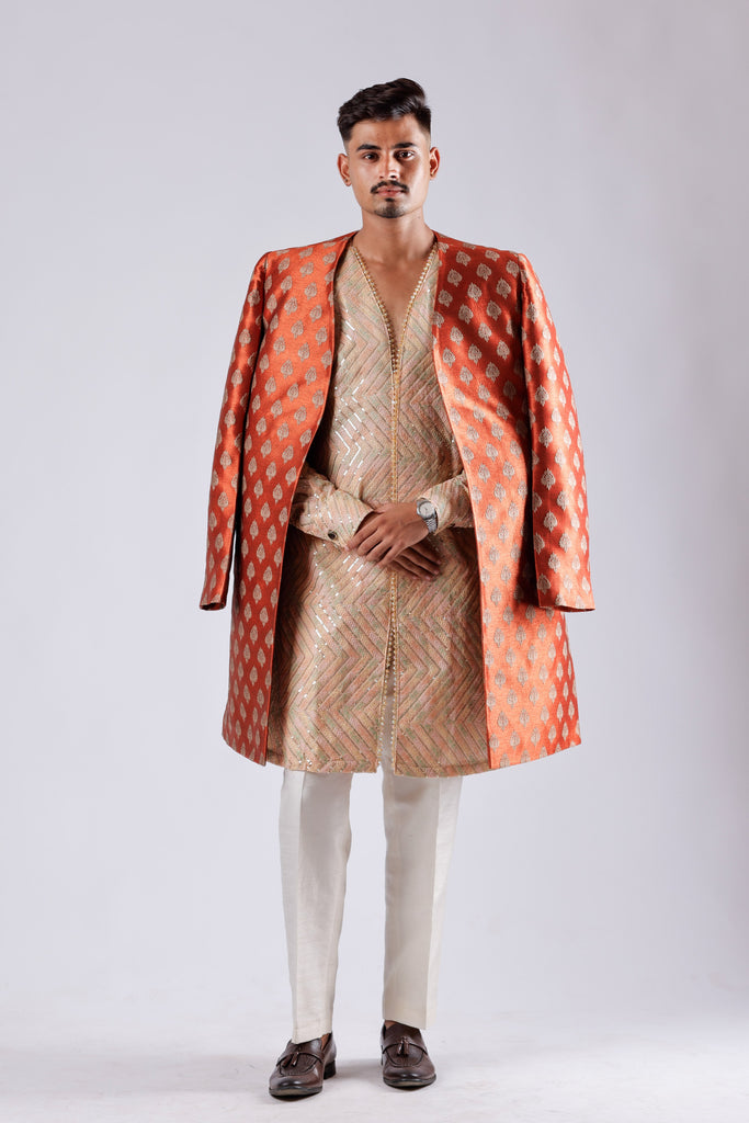 Regal Rust Brocade Sherwani Set with Dupion Silk Pants