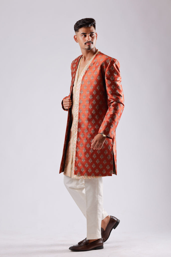 Regal Rust Brocade Sherwani Set with Dupion Silk Pants