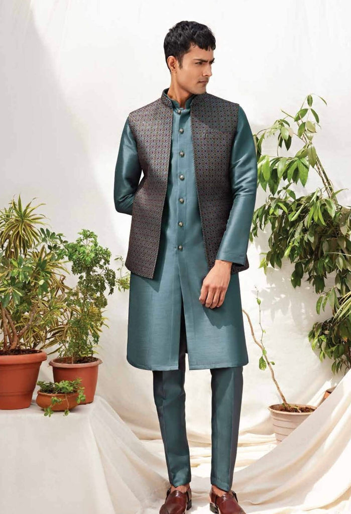Elegant Teal Silk Kurta Set with Printed Nehru Jacket for Men