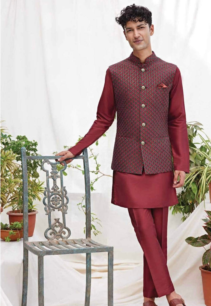 Maroon Kurta Set with Jacquard Nehru Jacket for Men