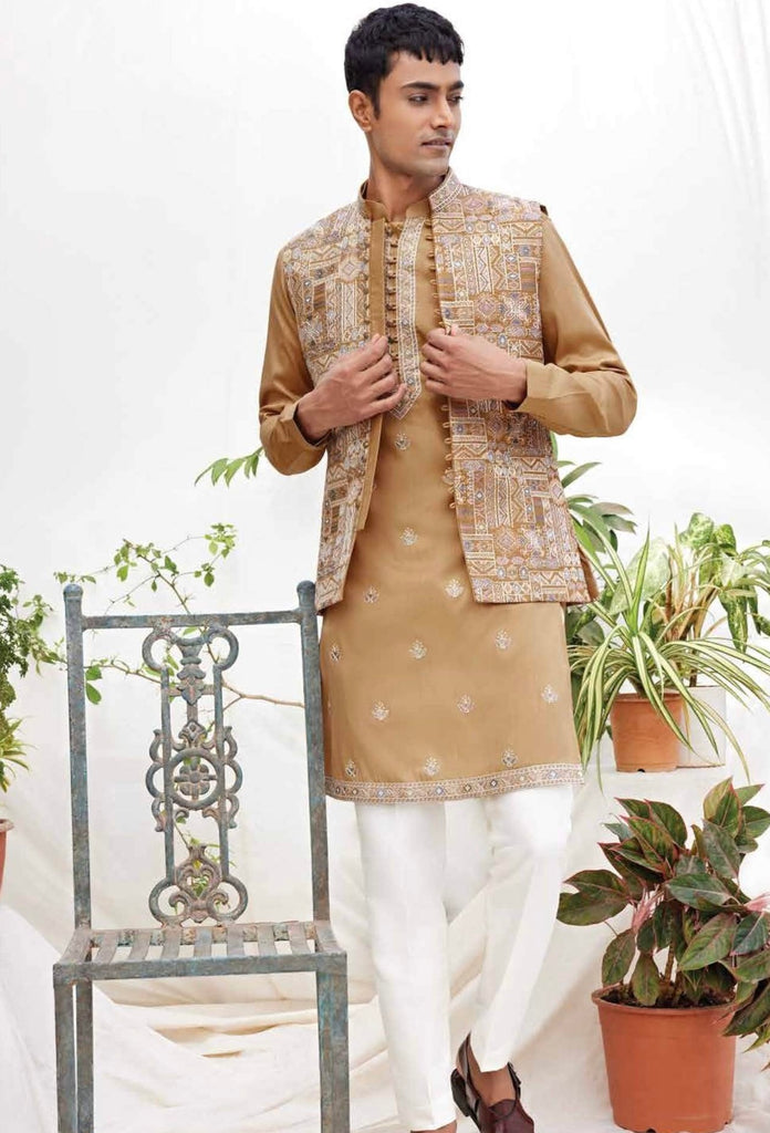 Men’s Mustard Embroidered Kurta Set with Printed Nehru Jacket