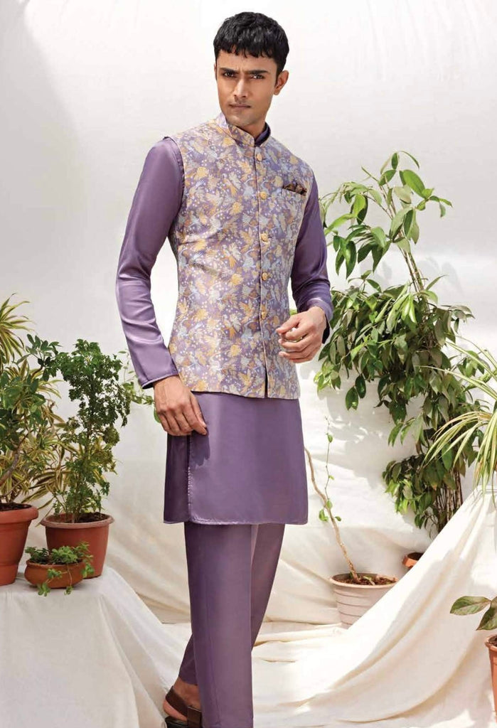 Lavender Kurta Set with Printed Nehru Jacket for Men