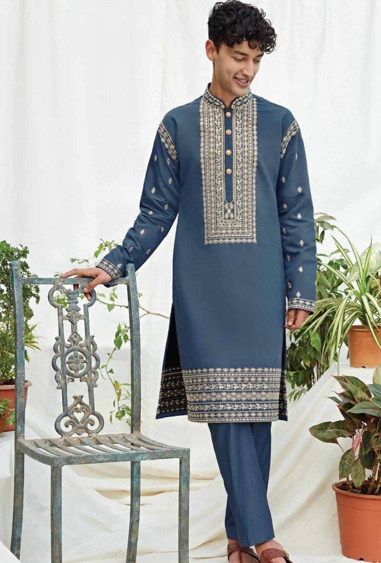 Men’s Blue Embroidered Kurta Pajama Set – Festive & Wedding Wear