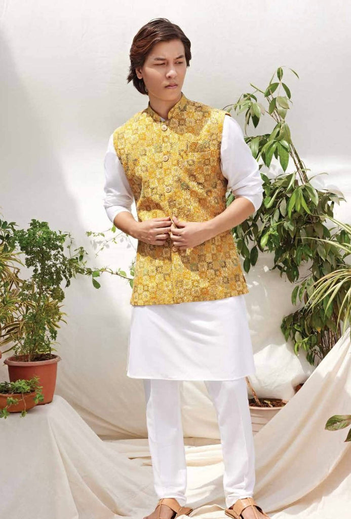 Men’s Classic White Kurta Set with Mustard Gold Brocade Nehru Jacket