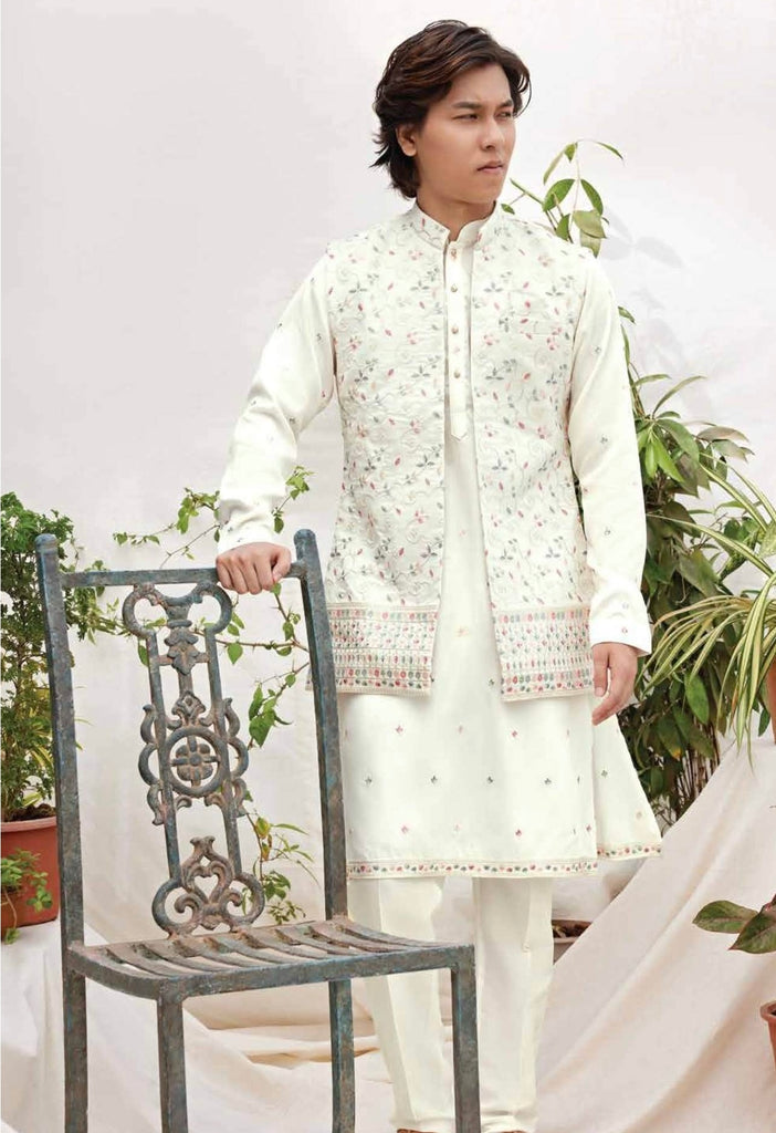 Men’s Ivory Embroidered Kurta Set with Nehru Jacket