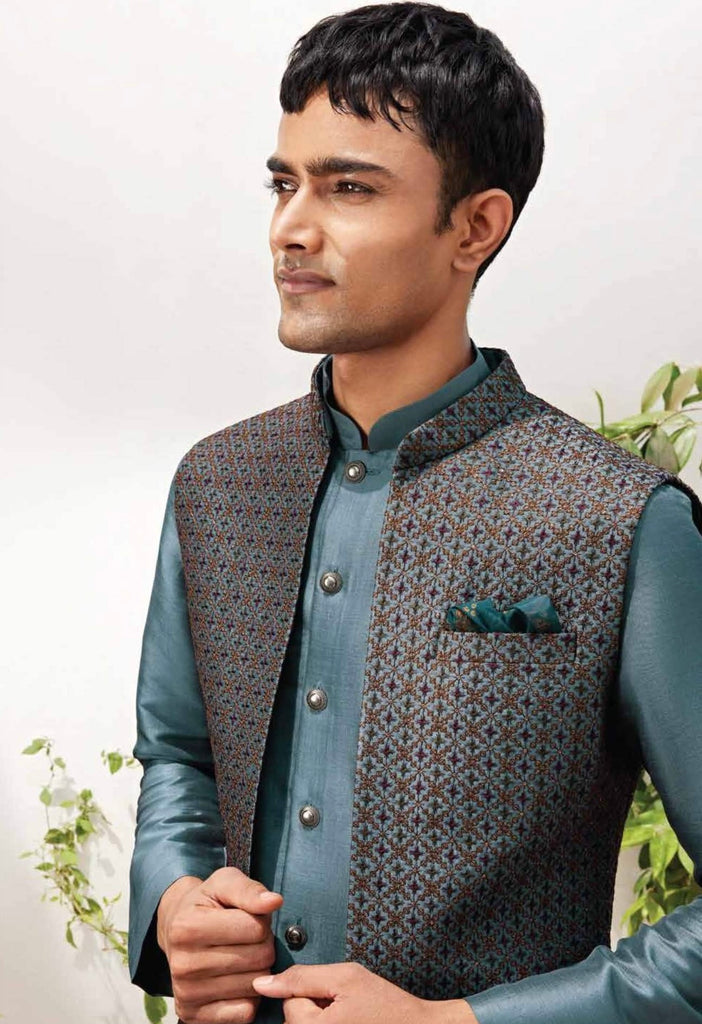 Elegant Teal Silk Kurta Set with Printed Nehru Jacket for Men