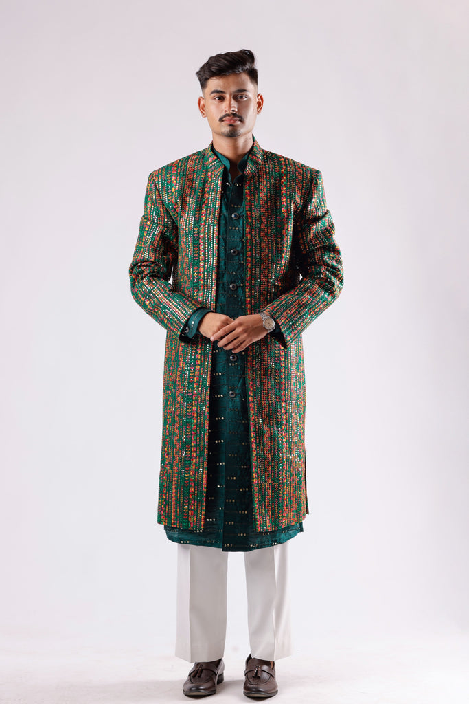 Emerald Green Festive Sherwani Set with Multicolor Embroidered Jacket